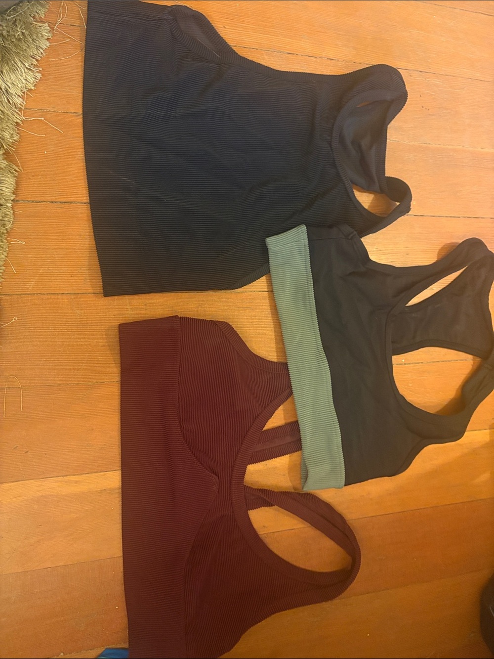 Lot of 3 Racerback Sports Bra in Black with Olive Ribbed Band, black and maroon